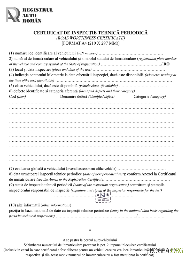 Roumanie Registrul Auto Român Certificat de contrôle technique périodique (certificat de contrôle technique) template